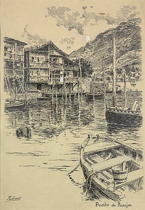 Archivo:Dibujo original, Puerto de Pasajes, tinta s. papel, por Mariano Pedrero