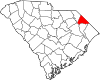 Mapa de Carolina del Sur con la ubicación del condado de Dillon