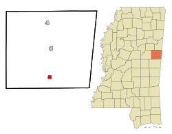 Noxubee County Mississippi Incorporated and Unincorporated areas Shuqualak Highlighted.svg