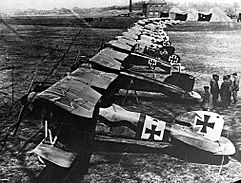 Archivo:German Albatros D.IIIs of Jagdstaffel 11 and Jagdstaffel 4 parked in a line at La Brayelle near Douai, France. Manfred von Richthofen's red-painted aircraft is second in line (with boarding step ladder in place). (12320339575)