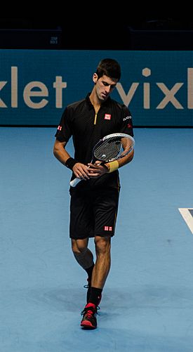 Archivo:2014-11-12 2014 ATP World Tour Finals Novak Djokiov checking racket by Michael Frey