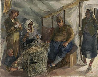 Archivo:A Greek Refugee Family from Samos at Moses Wells Encampment, Arabia - with Red Cross workers Art.IWMARTLD5041