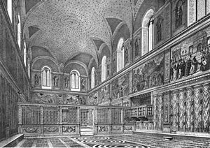 Archivo:Cappella sistina, ricostruzione dell'interno prima degli interventi di Michelangelo, stampa del XIX secolo