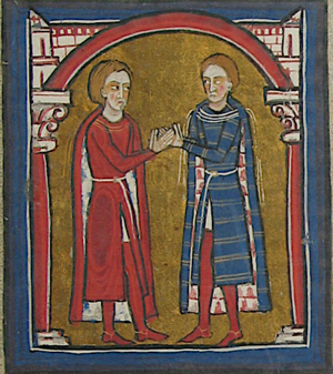 Archivo:Count Ponç I of Empúries swears loyalty to Count Gilabert II of Roussillon, who shakes his hand