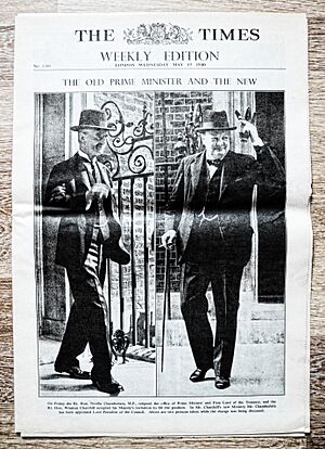 Archivo:Frontpage weekly magazine "The Times" May 15 1940, With headline "The Old prime minister and the new"