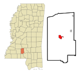 Lawrence County Mississippi Incorporated and Unincorporated areas Monticello Highlighted.svg