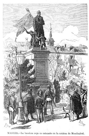 Archivo:Madrid, la bandera roja es colocada en la estatua de Mendizábal, de Pellicer