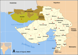 Mapa del estado de Guyarat mostrando el Gran Rann de Kutch y el Pequeño Rann de Kutch