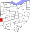 Mapa de Ohio con la ubicación del condado de Preble