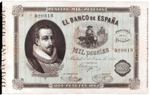 Archivo:Banco de España (01-01-1878) Miguel de Cervantes, billete de 1.000 pesetas, anverso