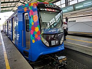 Archivo:CRRC-built TE-23 LRV at Xochimilco station in 2024