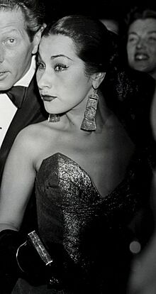 Danny Kaye with Mai Zetterling, and Yma Sumac, the Peruvian singer on right. Mr. Nat Cohen is on left.jpg