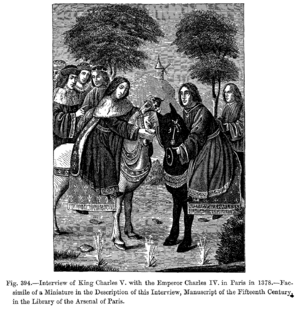Archivo:Interview of King Charles V with the Emperor Charles IV in Paris in 1378 Fac simile of a Miniature in the Description of this Interview Manuscript of the Fifteenth Century in the Library of the Arsenal of Paris
