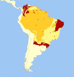 alt=Distribución del tapir amazónico:  (rojo: extinto, mostaza: confirmado, amarillo: probable)