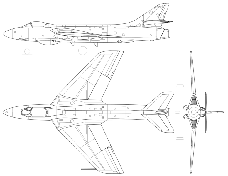 Hawker Hunter 3-view line drawing