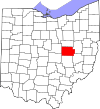 Mapa de Ohio con la ubicación del condado de Coshocton