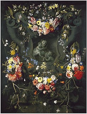 Archivo:Daniel Seghers and Erasmus Quellinus (II) - Garlands of Flowers surrounding the Virgin, the Child and Little Saint John