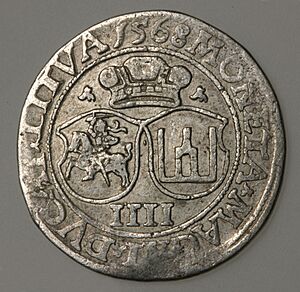 Archivo:Lithuanian coin of Sigismund II Augustus with Lithuanian Vytis (Waykimas) and the Columns of Gediminas, minted in 1568