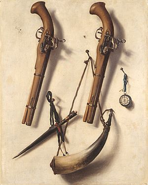 Archivo:Trompe-l'oeil amb armes, pertrets de caça i rellotge, Vicent Vitoria, museu de Belles Arts de València