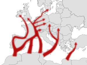 Archivo:Vanessa cardui migration in Europe-blank map
