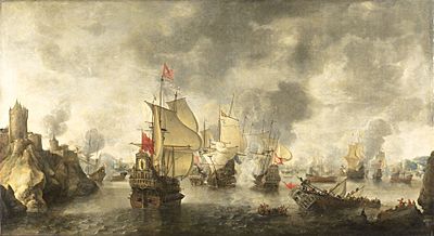 Archivo:Battle of the combined Venetian and Dutch fleets against the Turks in the Bay of Foja 1649 (Abraham Beerstratenm, 1656)
