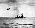 Japanese Nakajima B5N passes USS Northampton (CA-26) during the Battle of the Santa Cruz Islands, 26 October 1942
