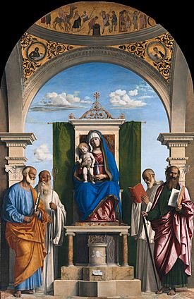 Archivo:Cima da Conegliano - Enthroned Madonna with Child and SS Peter, Romualdus, Benedict and Paul - Google Art Project