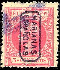 Archivo:Estampilla española de las Islas Marianas 5 cent 1898-99