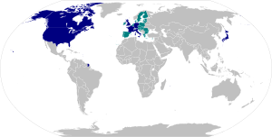 Mapa de las naciones miembros del G-7 y de la Unión Europea