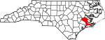Mapa de Carolina del Norte con la ubicación del condado de Craven