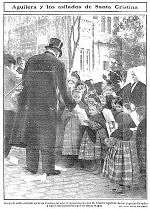 Archivo:Aguilera y los asilados de Santa Cristina, de Campúa, Nuevo Mundo, 13-01-1910
