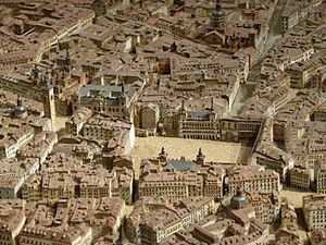 Archivo:Detalle de la Plaza Mayor, en el Modelo de Madrid, de Gil de Palacio, años 1828-1830, Museo de Historia de Madrid, España