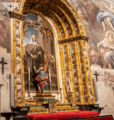 Fig. 54. Santa Isabel de Portugal, Eugenio Cajés, 1629. Pintura de la reina portuguesa del siglo XIII vestida con el hábito de las clarisas, al fondo un paisaje urbano.