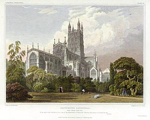 Archivo:Gloucester Cathedral in 1828. engraved by J.LeKeux after a picture by W.H.Bartlett