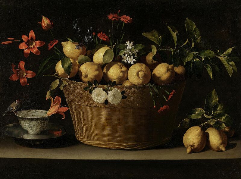 Still-life-with-lemons-in-a-wicker-basket-juan-de-zurbaran