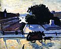 Peinture montrant dans un contraste entre blanc et couleurs sombres une carriole sur un pont, des arbres et divers bâtiments au loin