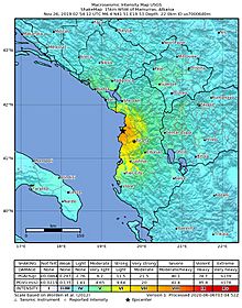 2019-11-26 Mamurras, Albania M6.4 earthquake shakemap (USGS).jpg
