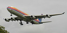 Air Jamaica A340-313 (6Y-JMM) landing at London Heathrow Airport (1).jpg
