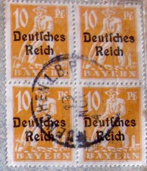 Archivo:Block of Bavarian stamps (1920s) overprinted with "Deutsches Reich"