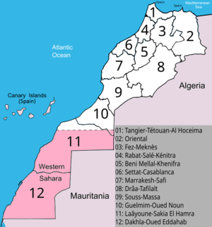 Archivo:Pink W Sahara, Algerian coast and Spain Corrected. Morocco Regions 2015 numbered -