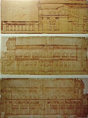 Archivo:Catedral de Valladolid (España). Planos originales de Juan de Herrera. Sección transversal, alzado lateral, sección longitudinal