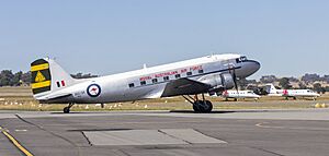Historical Aircraft Restoration Society (VH-EAF) Douglas C-47 Dakota taxiing at Wagga Wagga Airport (1) (cropped).jpg