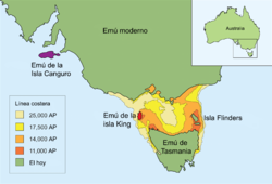 Distribución geográfica del taxón emú y reconstrucción de las líneas costeras de Tasmania. D. baudinianus aparece en púrpura.