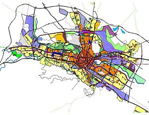 Esquema de Zonificación del Plan Espacial General de la ciudad def Skopje, Macedonia_del_Norte. Diferentes áreas de zonificación urbana son representadas con colores diferentes.