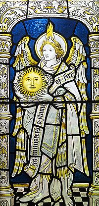Archivo:Saint Uriel - stained glass window in the cloisters of Chester Cathedral