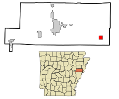 St. Francis County Arkansas Incorporated and Unincorporated areas Hughes Highlighted.svg