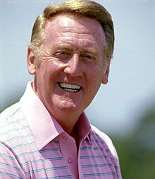 Vin Scully, Dodgers announcer, at Dodgertown in Vero Beach, Florida for Spring Training, 1985 (cropped) (cropped).jpg