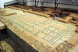 Archivo:Quintanilla de la Cueza Villa romana Tejada Habitación 14 Mosaico Nudos Salomónicos 001