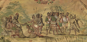 Archivo:Coronación del rey de Tescoco y destierro del otro a influencia de Cortés, en la tabla 13 de la conquista de México, Juan González & Miguel González