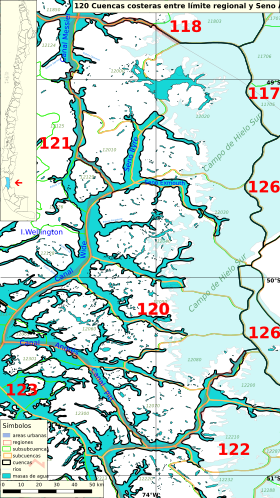 El campo de hielo patagónico sur pertenece al ítem 120 del inventario de cuencas de Chile y abarca desde el límite regional norte de la Región de Magallanes hasta el seno Andrew.